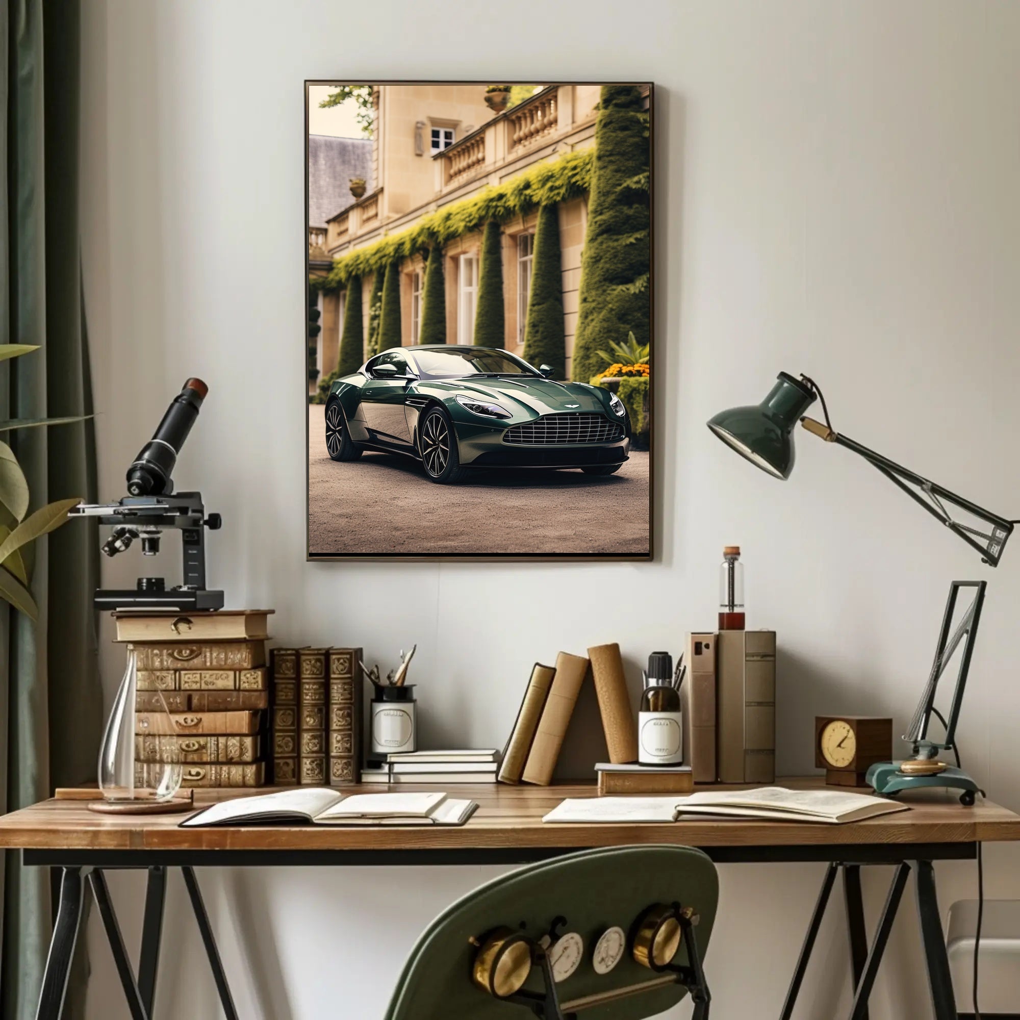 Luxury Green Sports Car at Elegant Mansion Poster