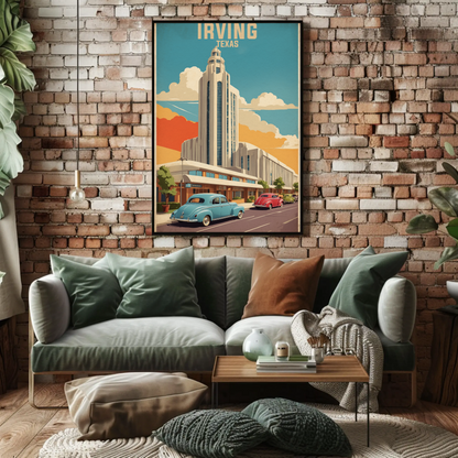 Irving Texas Art Deco Building Cars Retro Vintage Travel Poster