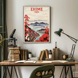 Stylized Traditional Ehime Japan Landscape Art Travel Poster