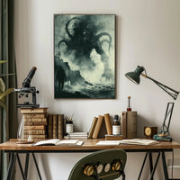 Dramatic Tentacled Monster in Stormy Coast Fantasy Poster PosterGoat