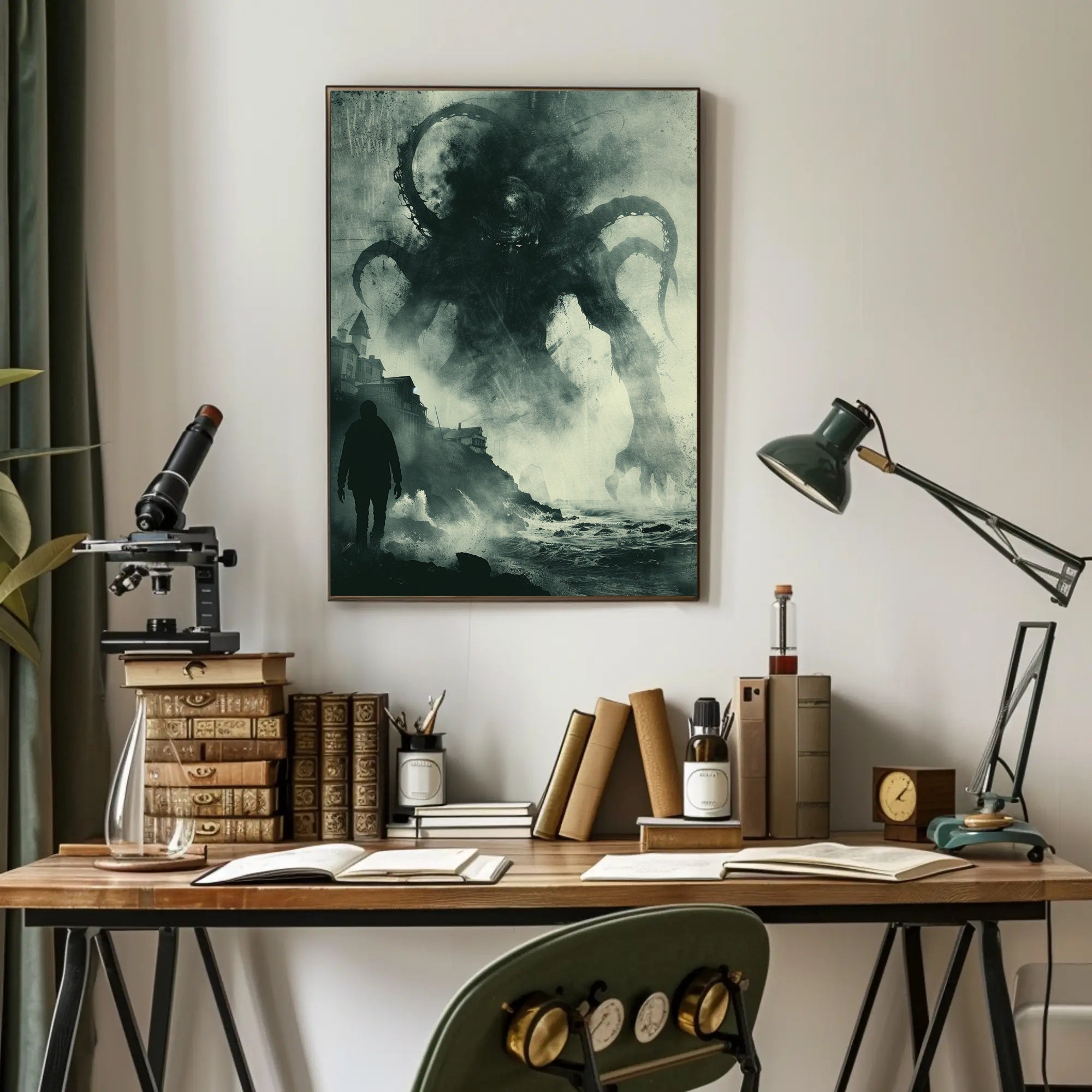 Dramatic Tentacled Monster in Stormy Coast Fantasy Poster PosterGoat
