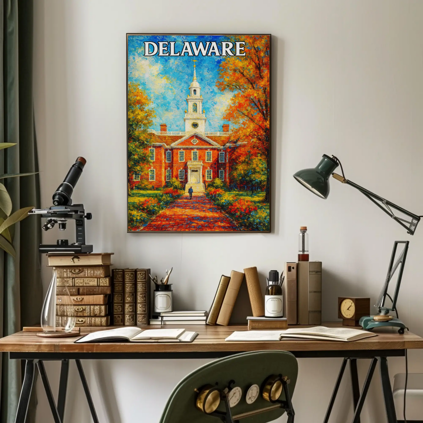 Delaware Brick Capitol Autumn Trees Travel Poster