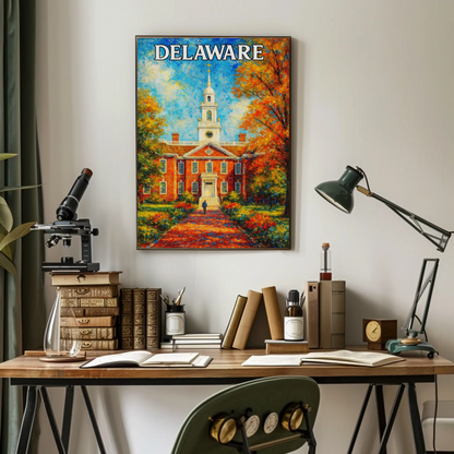 Delaware Brick Capitol Autumn Trees Travel Poster