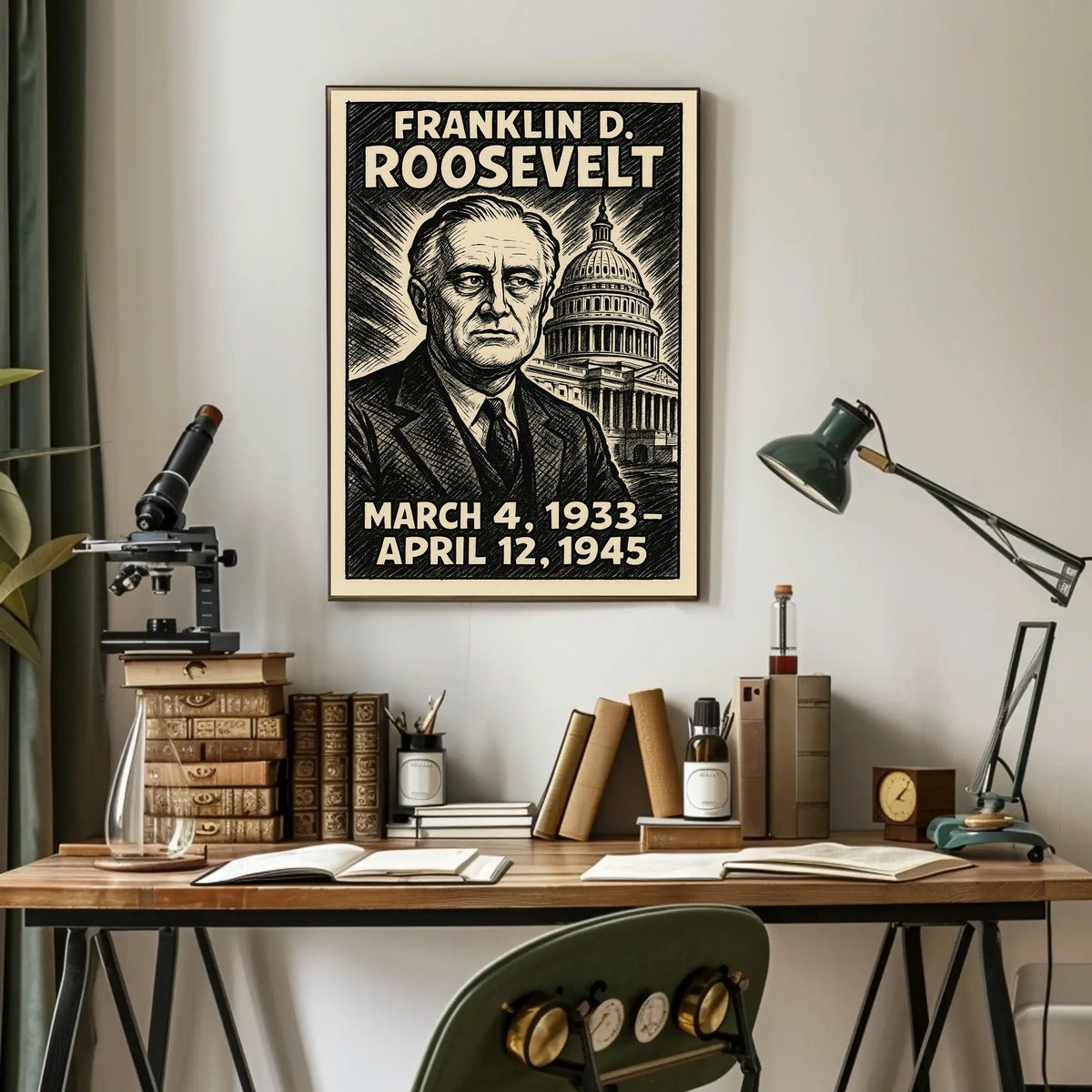 Franklin D. Roosevelt 32nd President of the United States B & W Comic Sketch Poster
