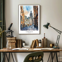 Edinburgh Street Scene in Watercolor Travel Poster PosterGoat