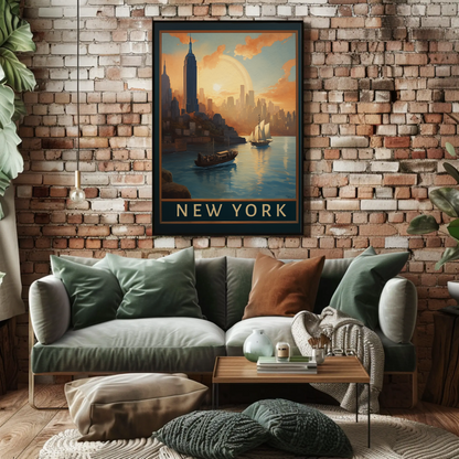 New York Harbor Sunset Vintage Travel Poster