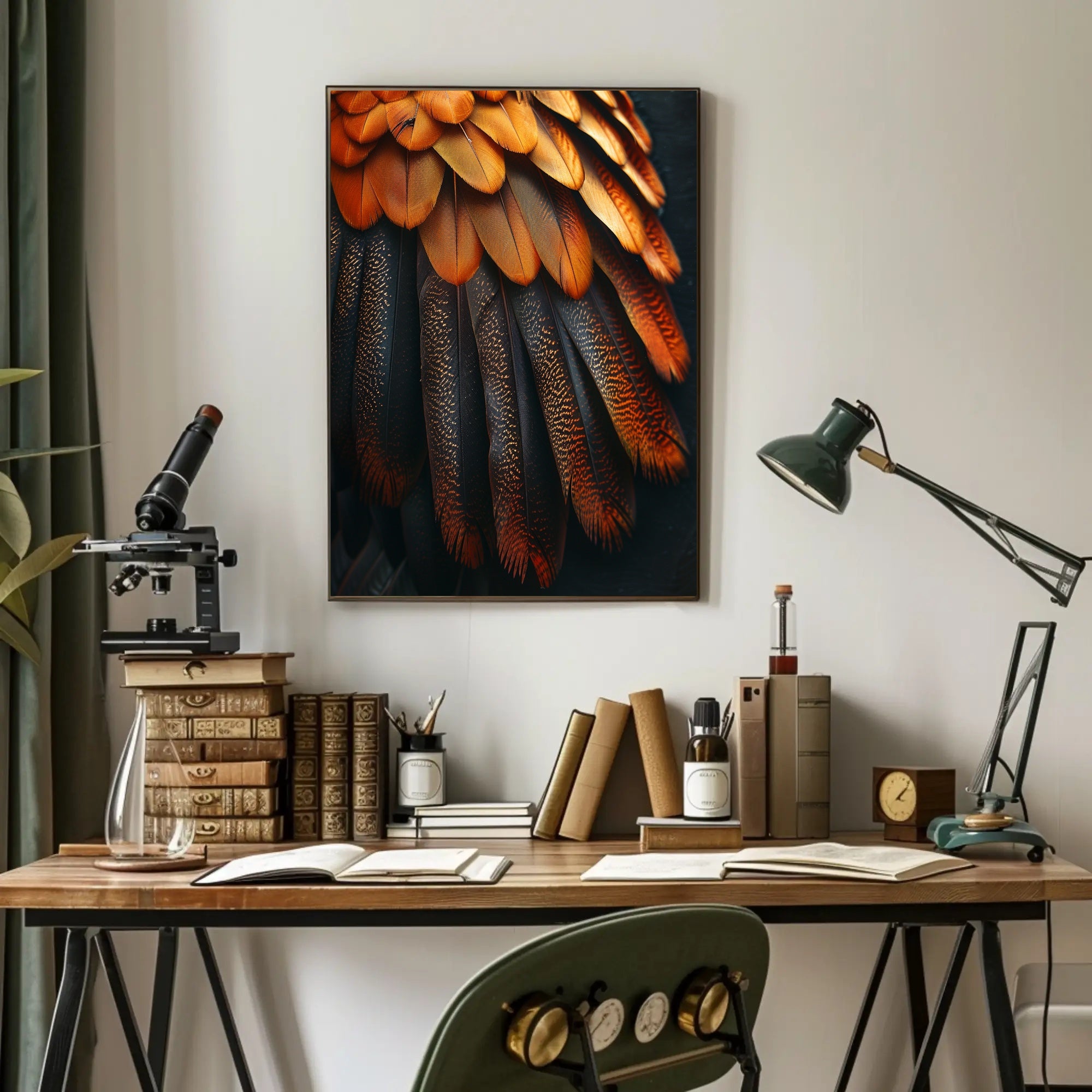 Vibrant Bird Feather Art: Orange and Black Elegance PosterGoat