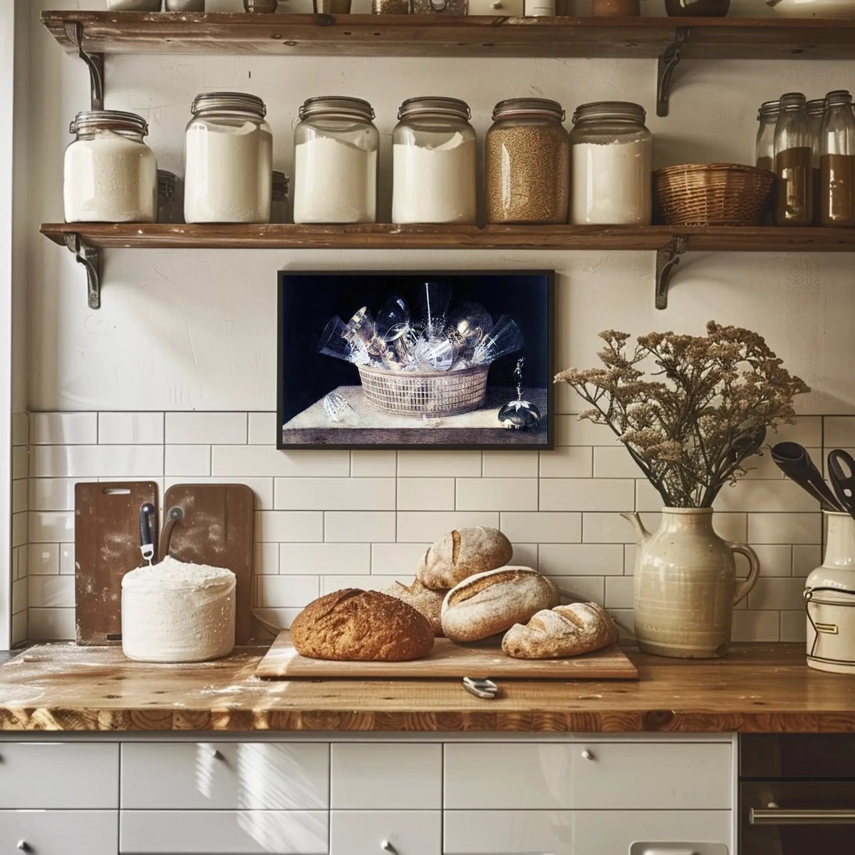 This poster features a classic still life painting with a focus on a Travel Poster
