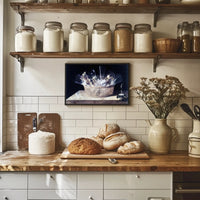 This poster features a classic still life painting with a focus on a Travel Poster
