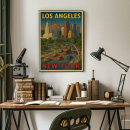 Los Angeles to New York City Poster Vintage Wall Art