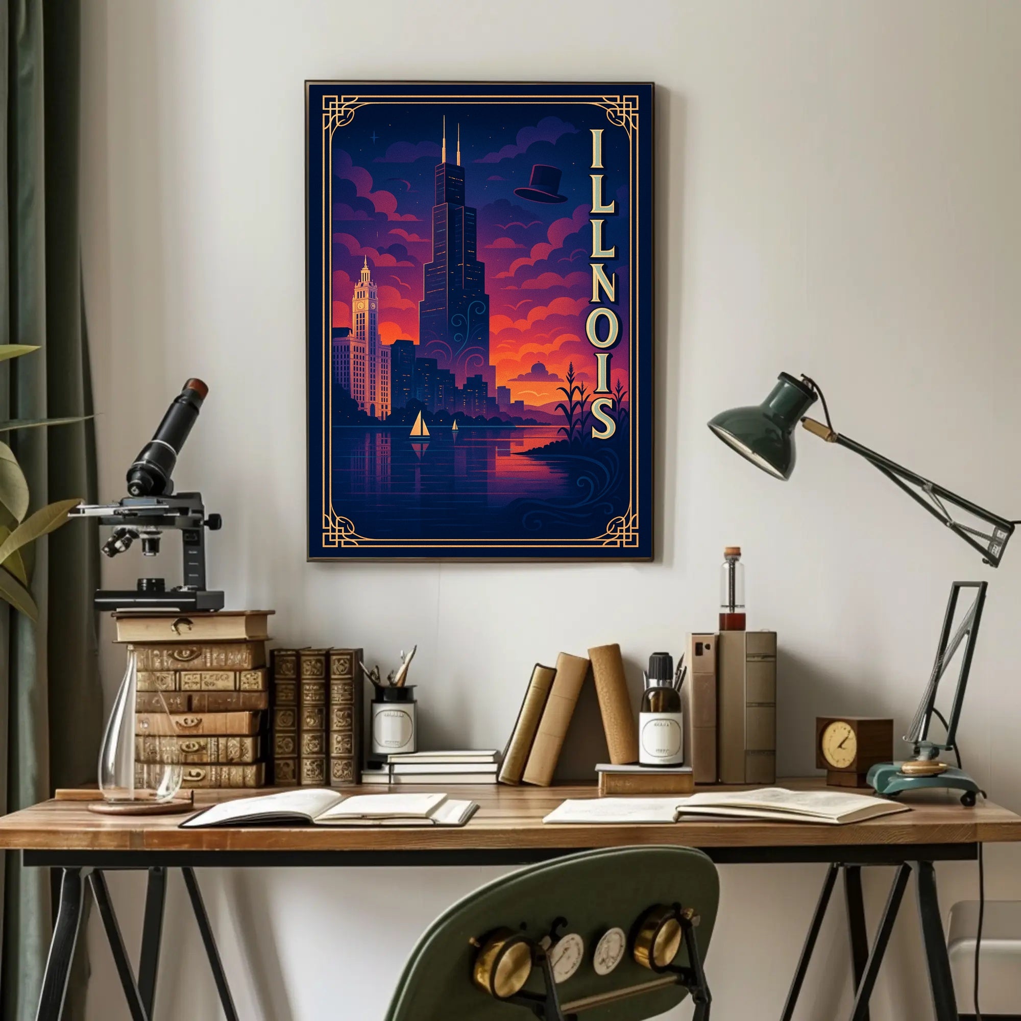 Illinois Skyline at Sunset: Captivating Travel Poster