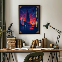 Illinois Skyline at Sunset: Captivating Travel Poster