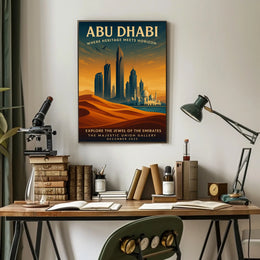 Abu Dhabi skyline and heritage illustrated urban cityscape poster