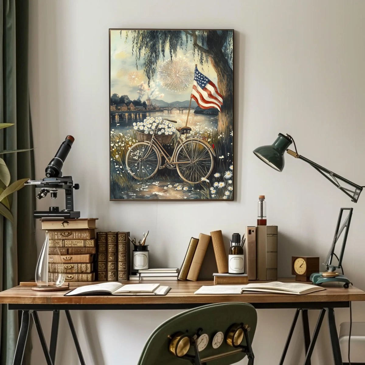 Vintage Sunset Bicycle Leaning Under A Willow Tree Poster