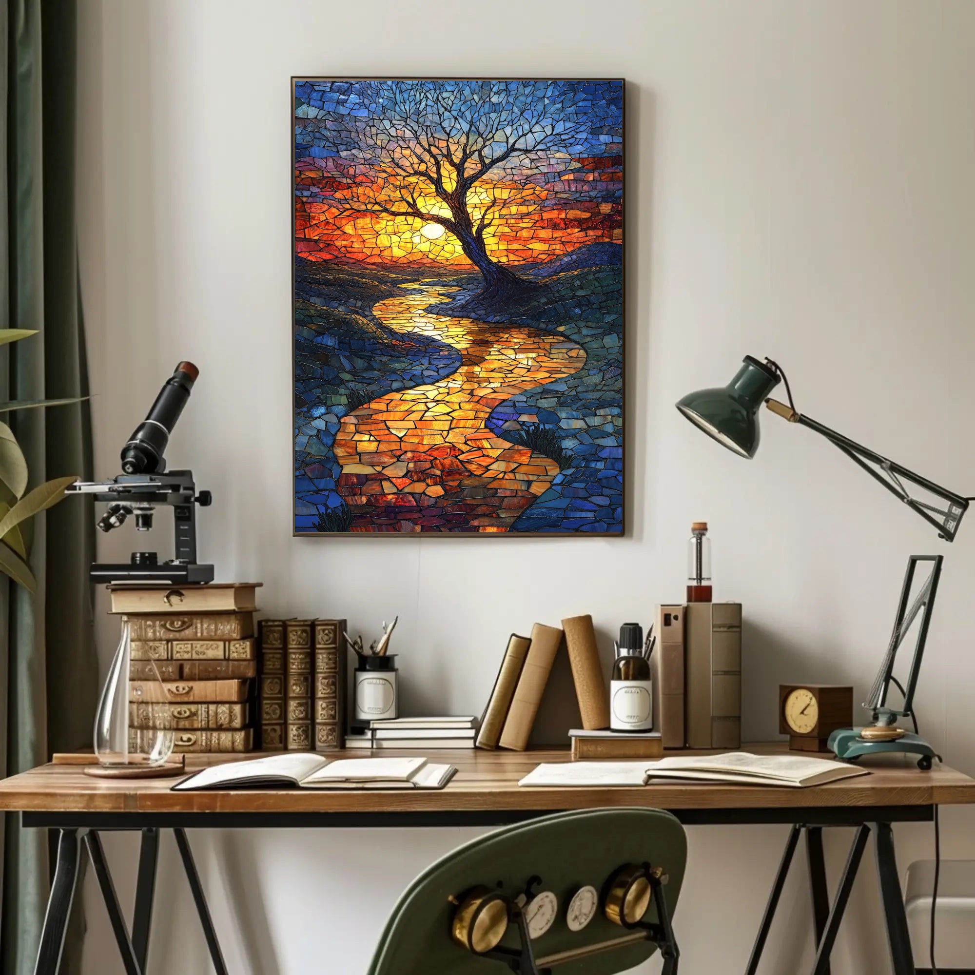 Vibrant Mosaic Sunset Landscape Artistic Poster