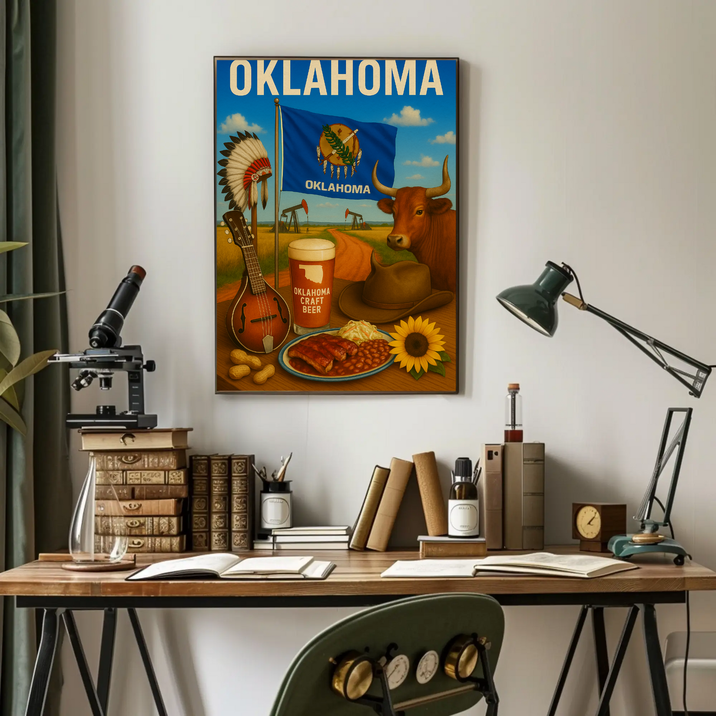 Oklahoma BBQ Cow Mandolin Flag Beer Travel Poster