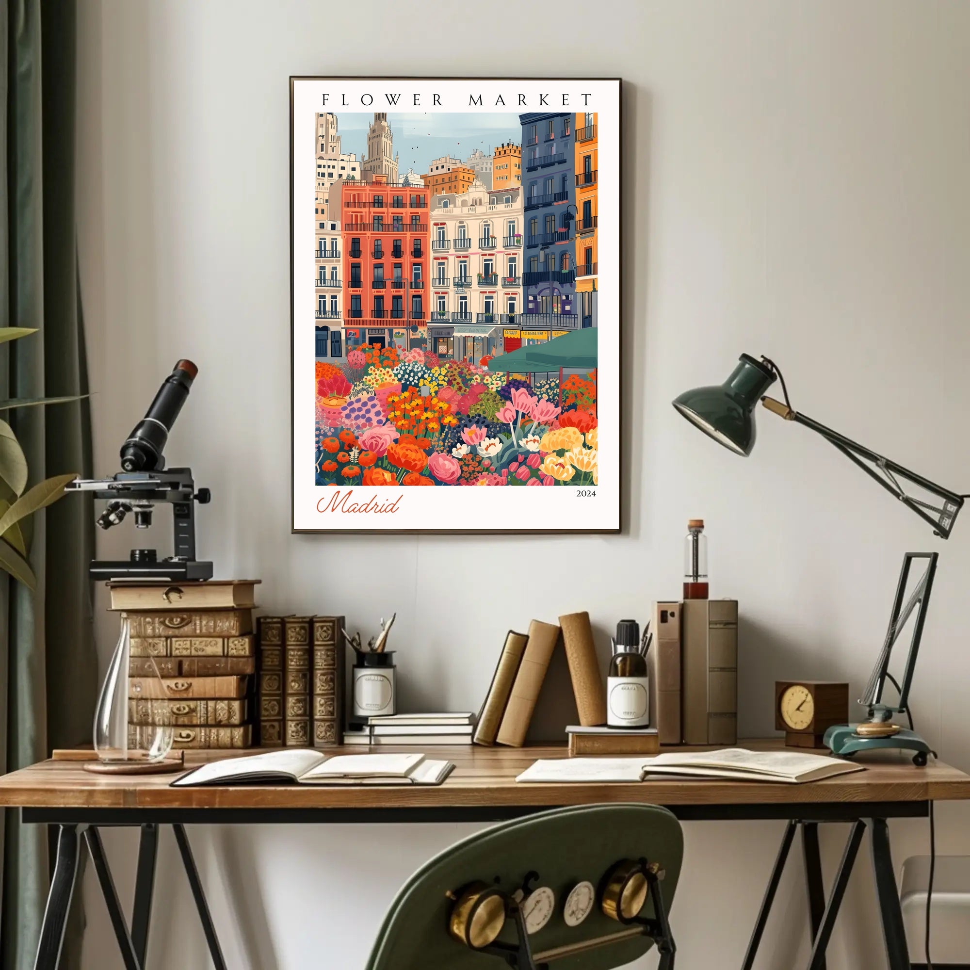 Vibrant Flower Market in Madrid Poster PosterGoat