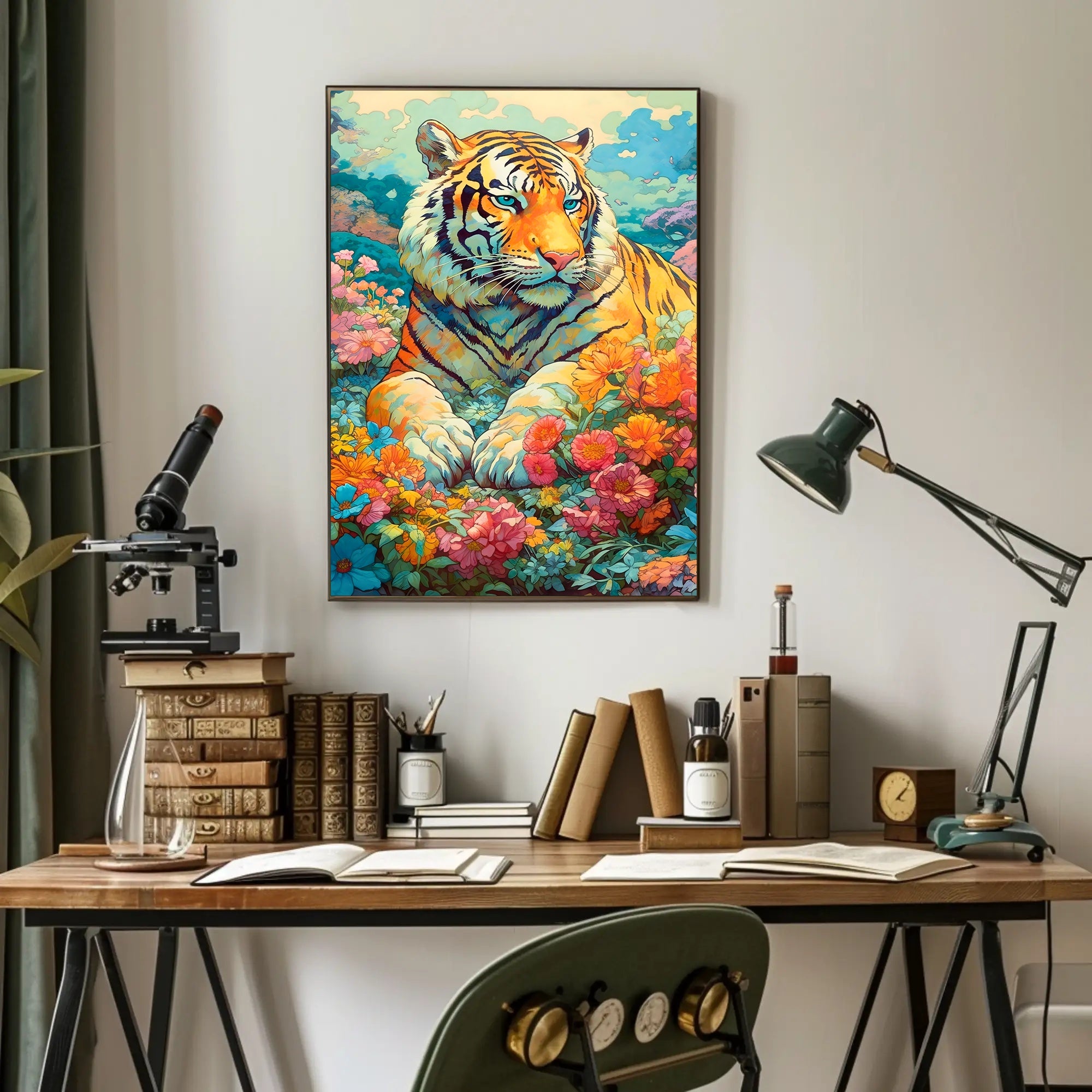 Majestic Tiger in Lush Garden Animal Poster