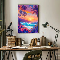 Tropical Sunset Beach Scene Illustrated Poster