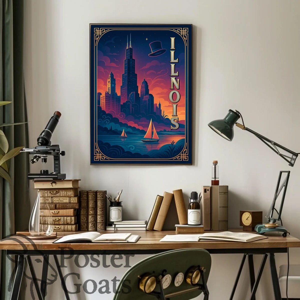 Illinois Skyline Vintage Design Urban or Cityscape Poster
