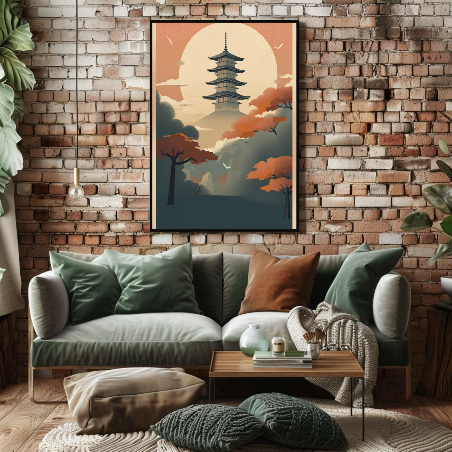 Sunset Pagoda Japan Mountain Haze Vintage Travel Poster