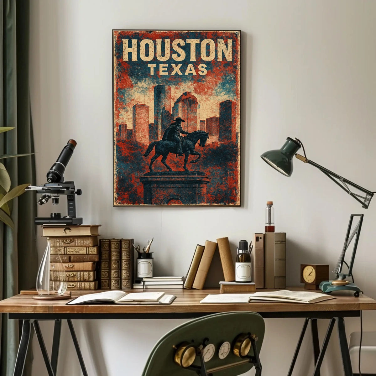 Patriotic Houston Skyline Cowboy Vintage Cityscape Poster
