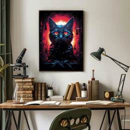 Fiery-Eyed Cosmic Cat Surreal Art Poster