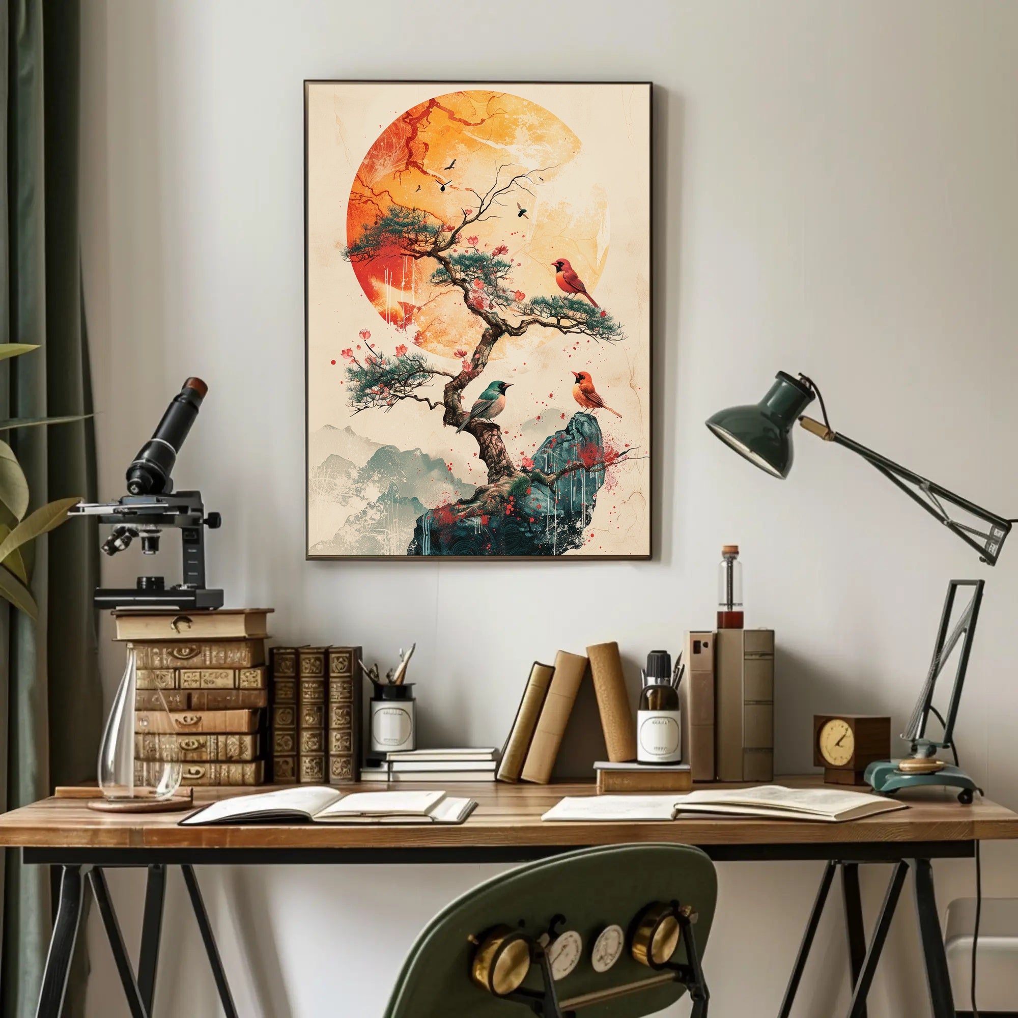 Serene Bonsai Tree with Vibrant Birds Poster PosterGoat
