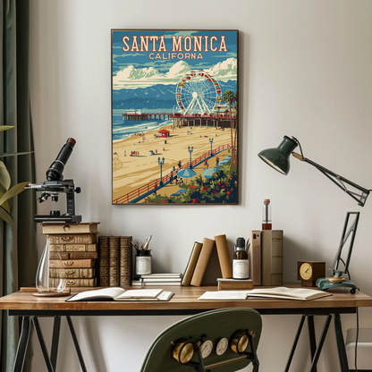 Santa Monica Pier Ferris Wheel Coastal Beach Travel Poster