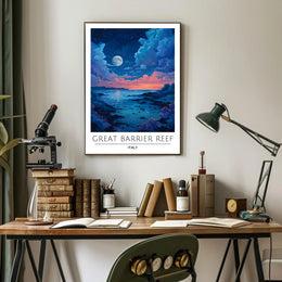 Dreamy Coastal Night Scene Under Full Moon - Artistic Poster