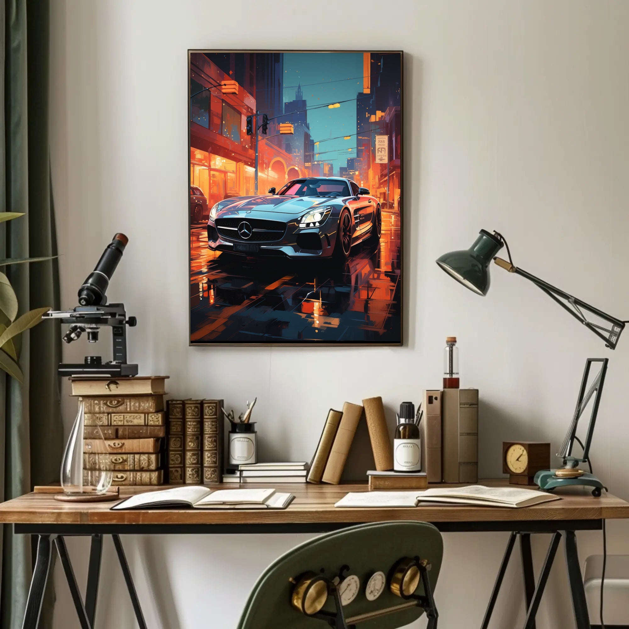 Sleek Urban Sports Car on Vibrant City Street Poster