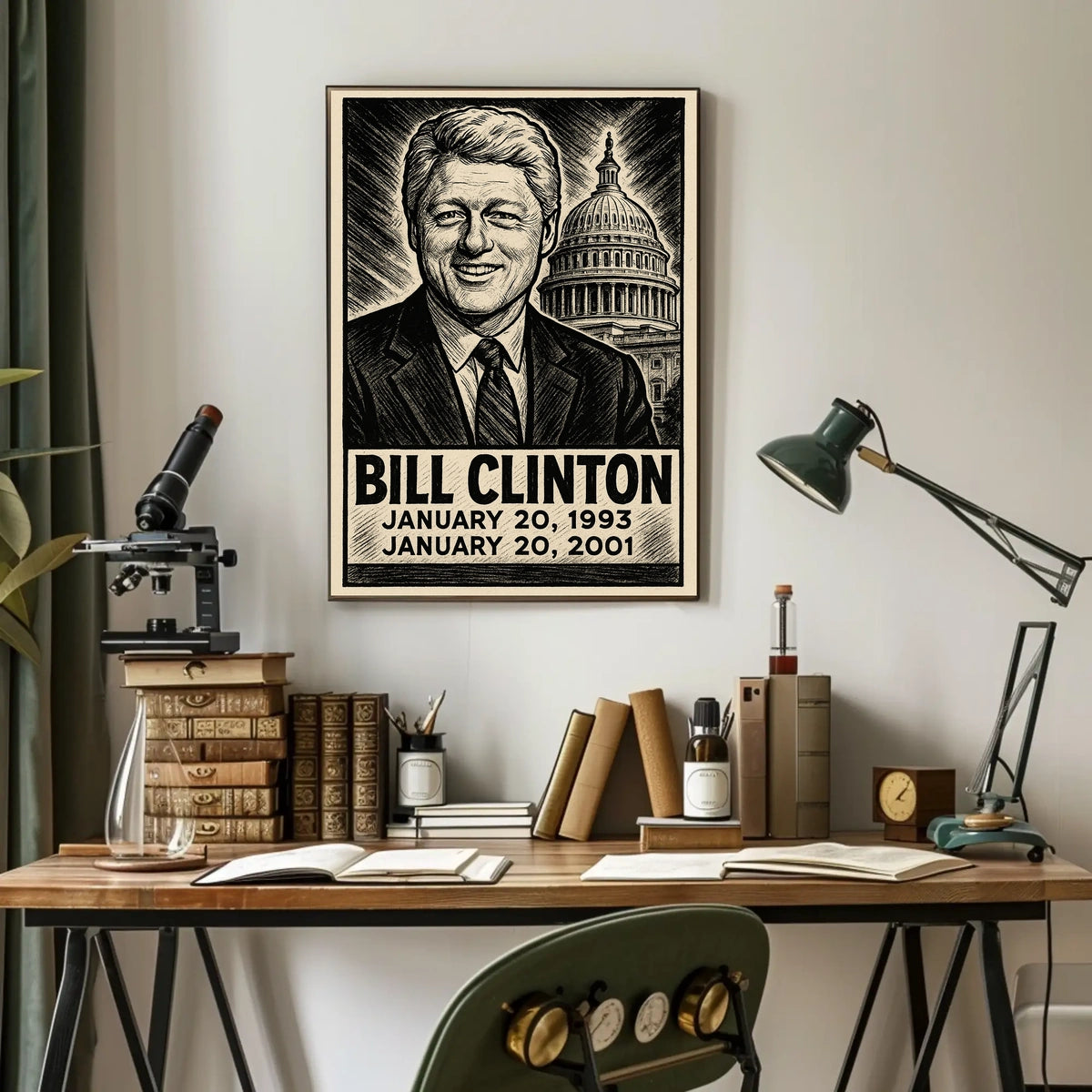 Bill Clinton 42nd President of the United States B & W Comic Sketch Poster