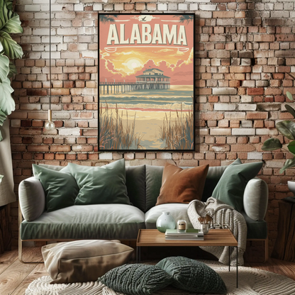 Alabama Pier at Sunset Vintage Travel Poster