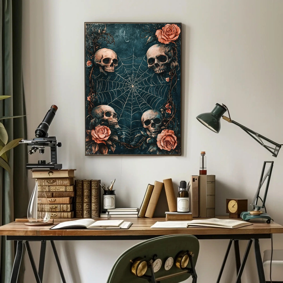 The poster has a gothic and macabre theme, featuring four human skulls arranged Travel Poster