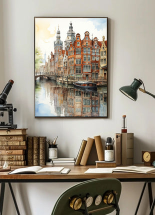 Amsterdam Canal Cityscape Watercolor Travel Poster