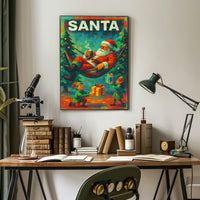The poster features a festive Christmas theme with a playful depiction of Santa Travel Poster