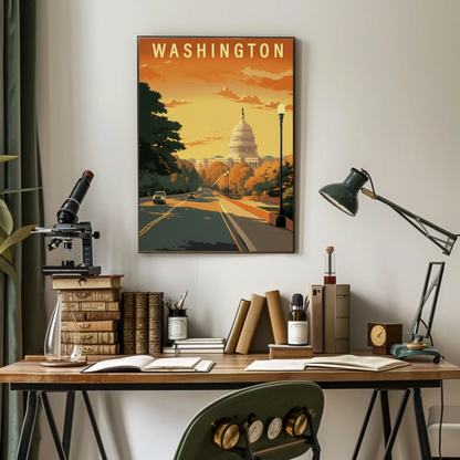 Washington USA Capitol Building Autumn Street Travel Poster