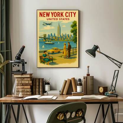 New York City 1950s Skyline Brooklyn Bridge Travel Poster