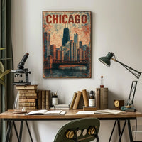 Chicago Skyline Vintage Distressed Urban Cityscape Nostalgic Decor Timeless Heritage Poster