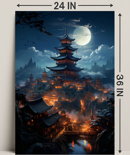 Moonlit Pagoda Village Poster