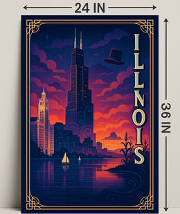 Illinois Skyline at Sunset: Captivating Travel Poster