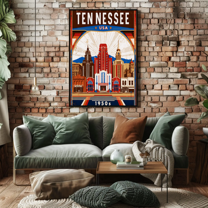 Tennessee USA 1950s Music City Skyline Travel Poster