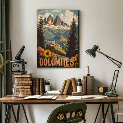 Dolomites Village Flower Meadow Travel Poster