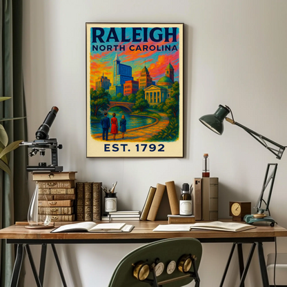 Raleigh North Carolina Skyline River Sunset Travel Poster