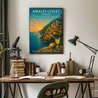 The poster showcases the Amalfi Coast in Italy, emphasizing its timeless beauty and Travel Poster