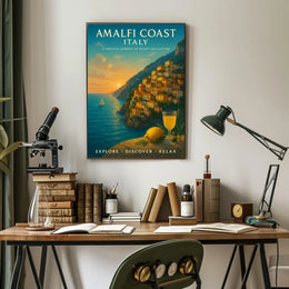 The poster showcases the Amalfi Coast in Italy, emphasizing its timeless beauty and Travel Poster