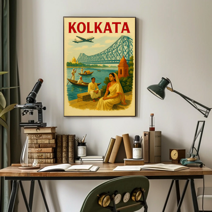 Kolkata India Bridge River Culture Scene Poster
