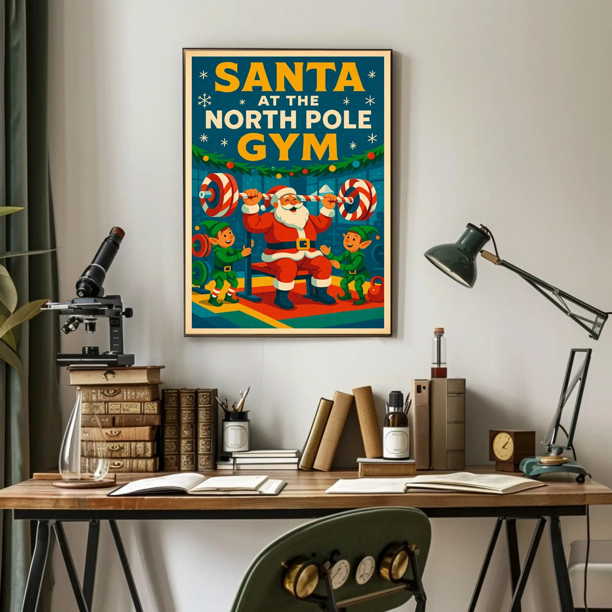 Santa Claus Lifting Weights Vintage Christmas Pop Culture Poster