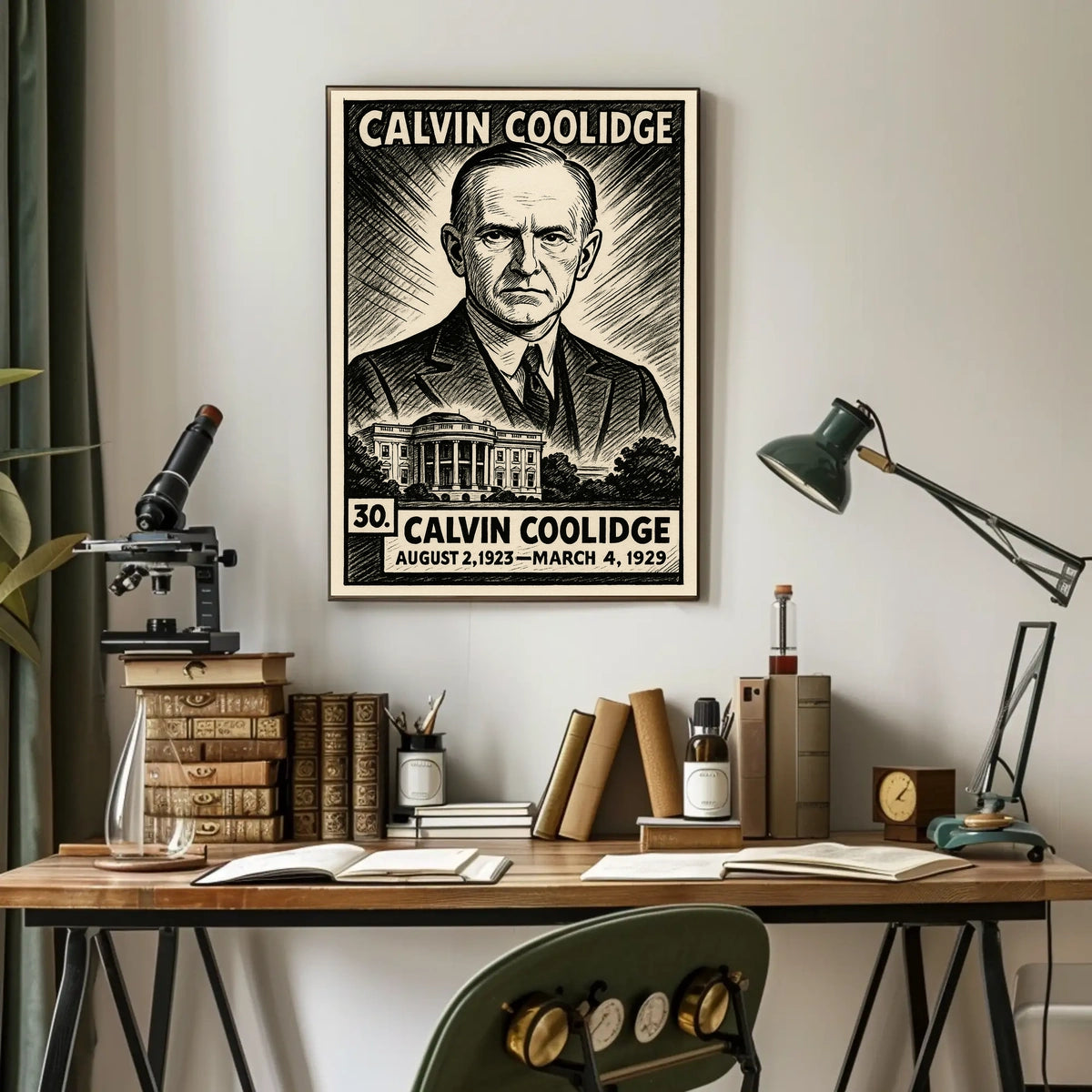 Calvin Coolidge 30th President of the United States B & W Comic Sketch Poster