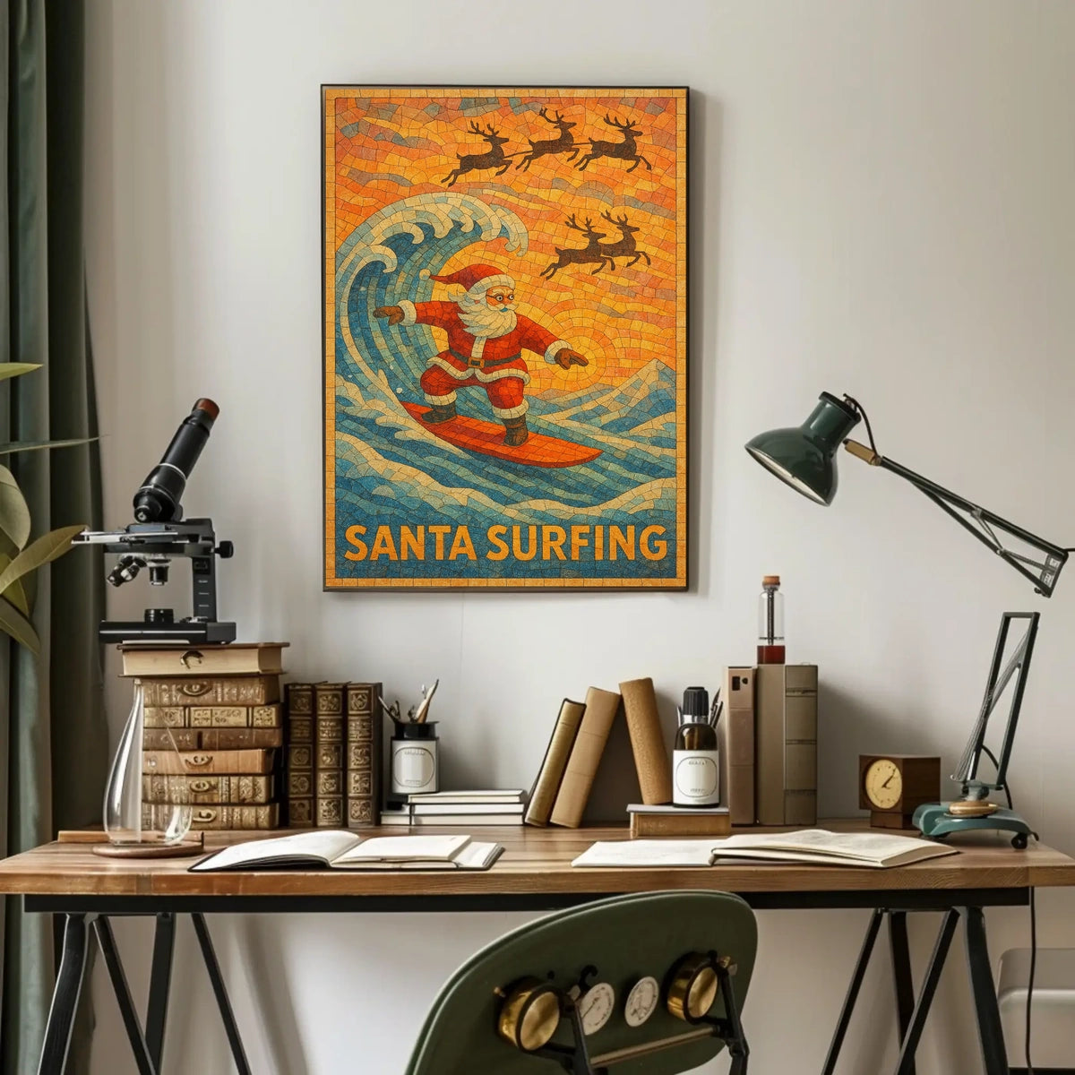 Santa Surfing Christmas Mosaic Art Poster
